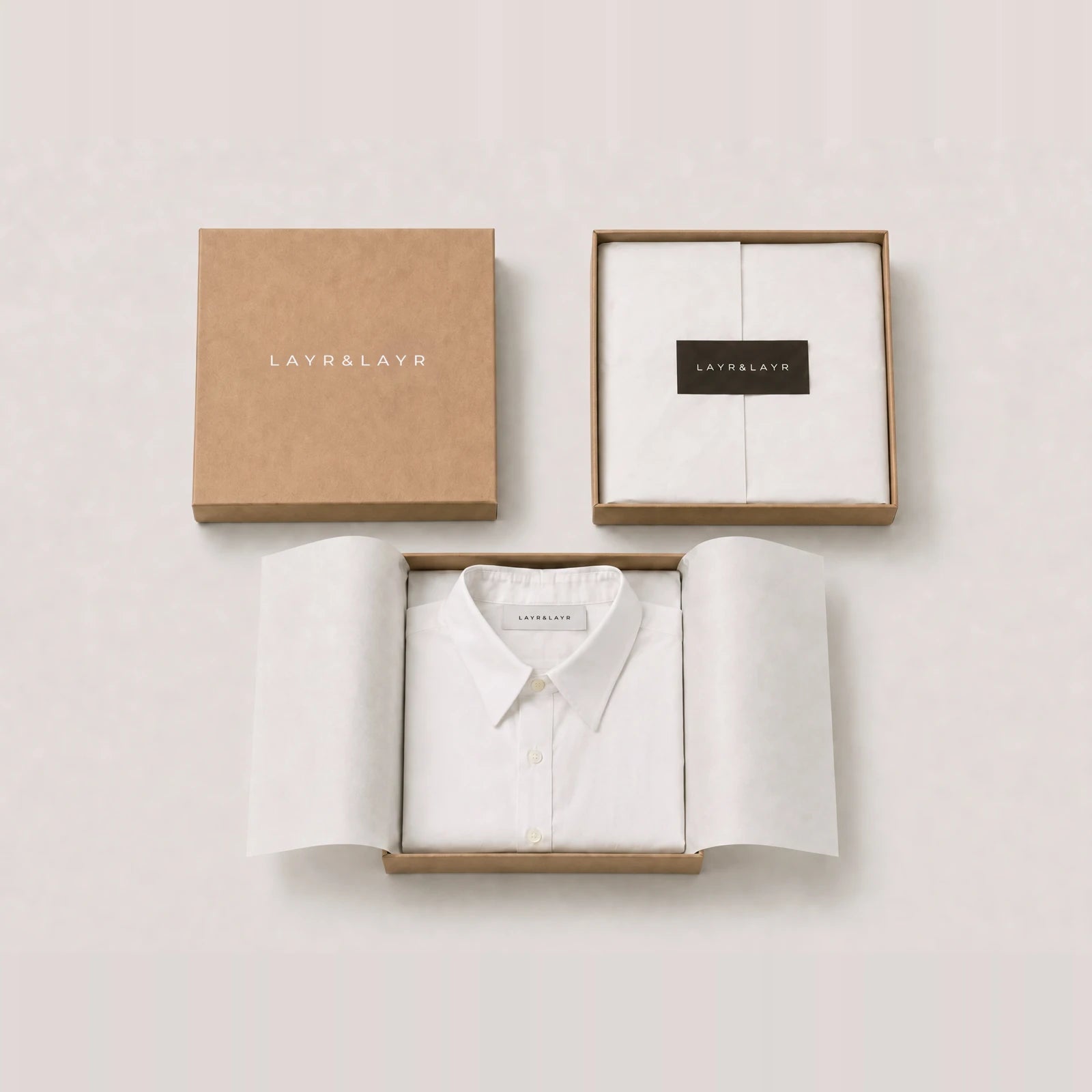 The Classic Collar folded in a LAYR & LAYR gift box, wrapped in tissue paper